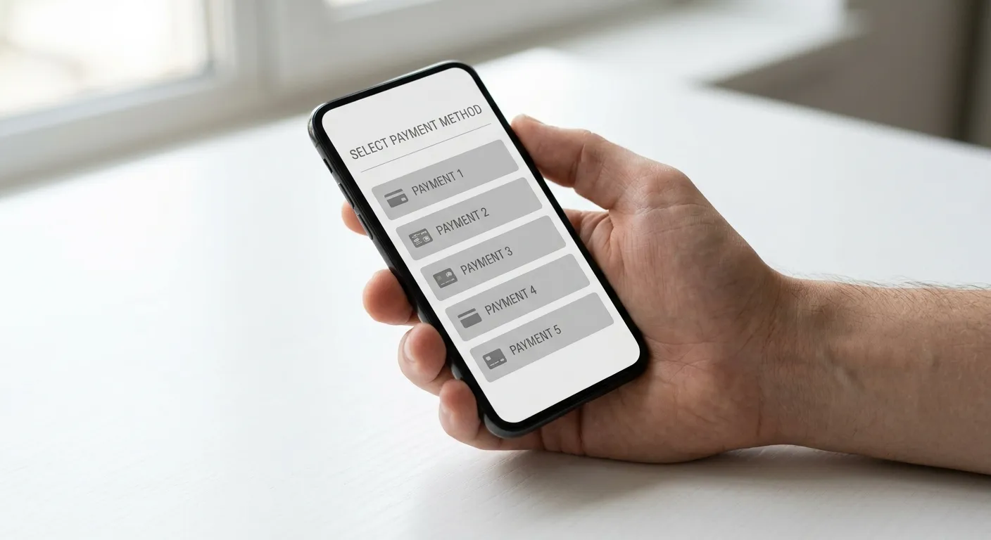 Hand hält Smartphone mit neutraler Zahlungsübersicht