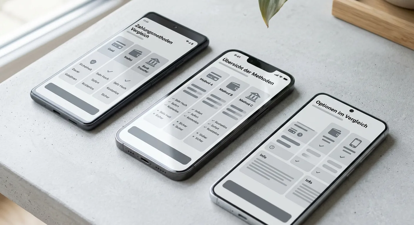 Drei Smartphones nebeneinander zeigen verschiedene Zahlungsmethoden