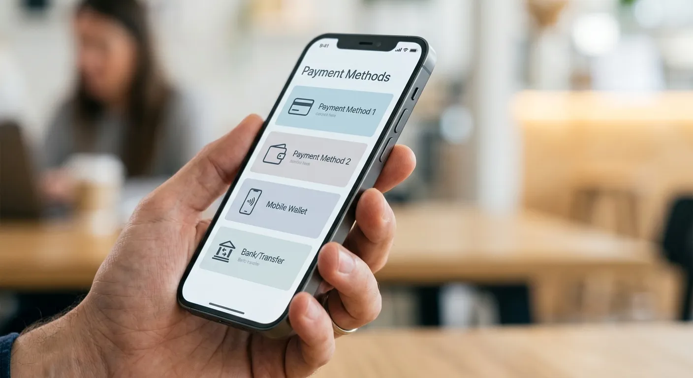 Smartphone zeigt generische Zahlungsoptionen-Oberfläche ohne erkennbare Markennamen